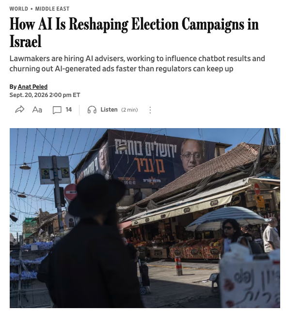 Wall Street Journal headline How AI Is Reshaping Election Campaigns in Israel